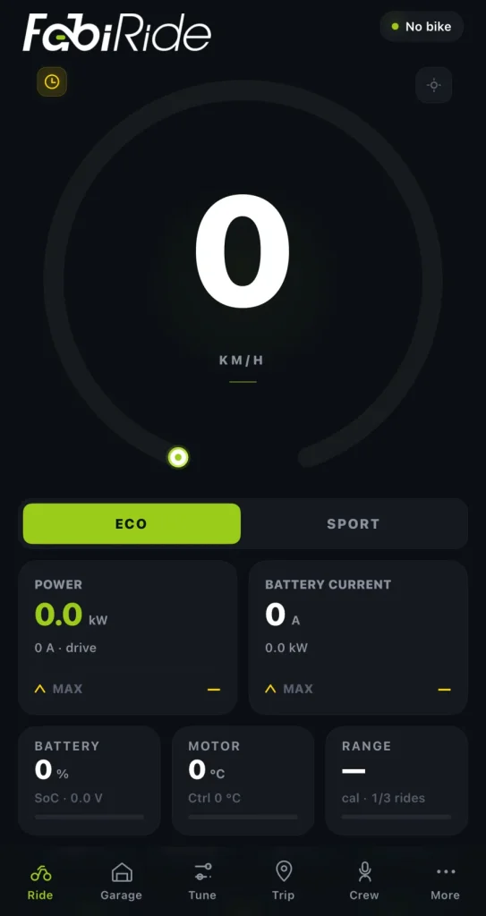 Live-Ansicht der FabiRide App mit Geschwindigkeit, Fahrmodus, Leistung, Akku und Motortemperatur