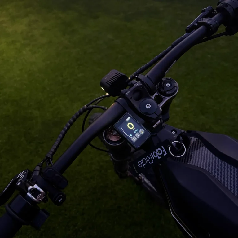 Dash Pro Display leuchtet am Lenker eines E-Bikes in der Dämmerung