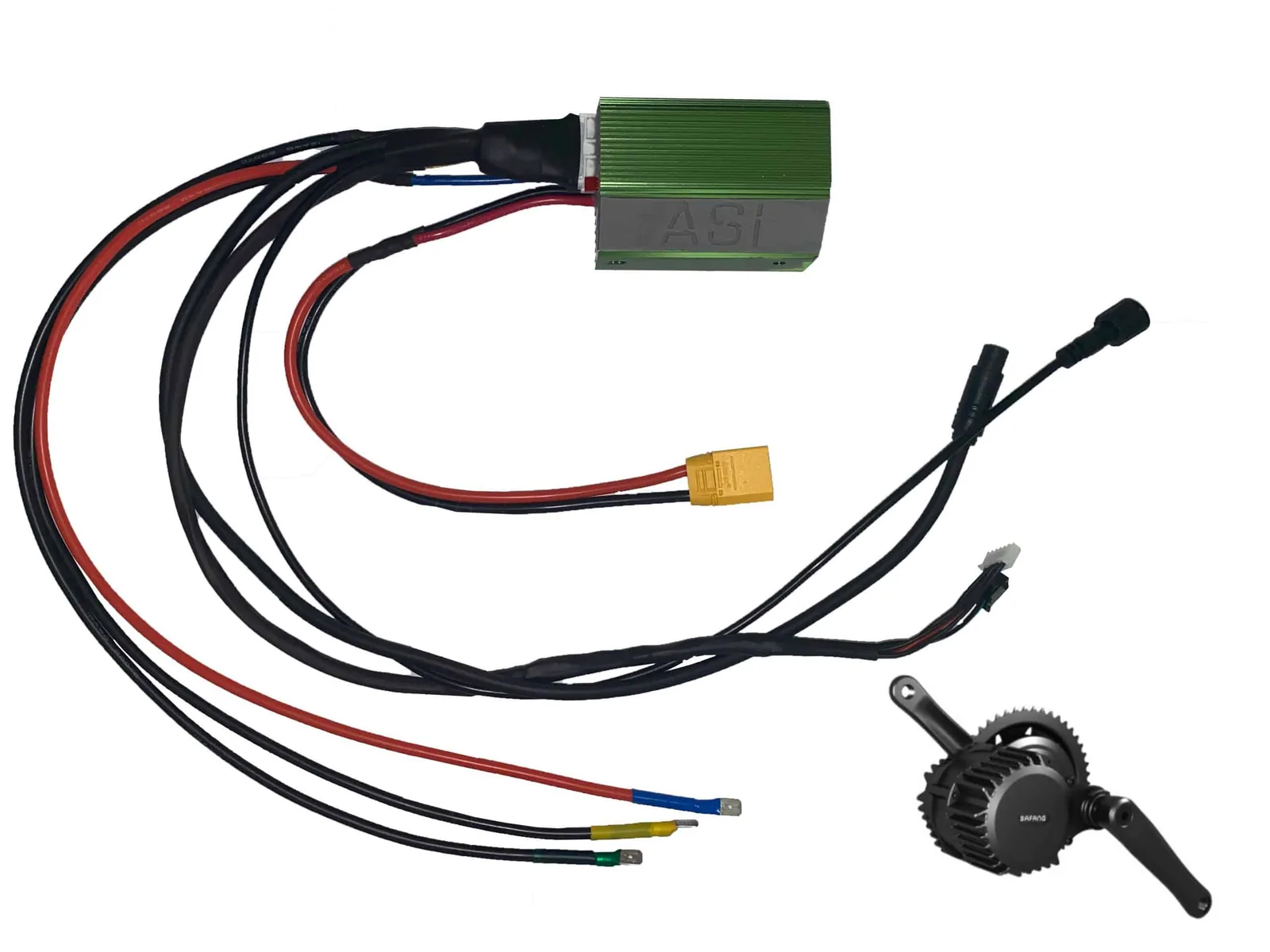 ASI BAC855 BBSHD controller upgrade kit with the harness, Bafang plugs and XT90 battery lead, shown with a Bafang BBSHD motor